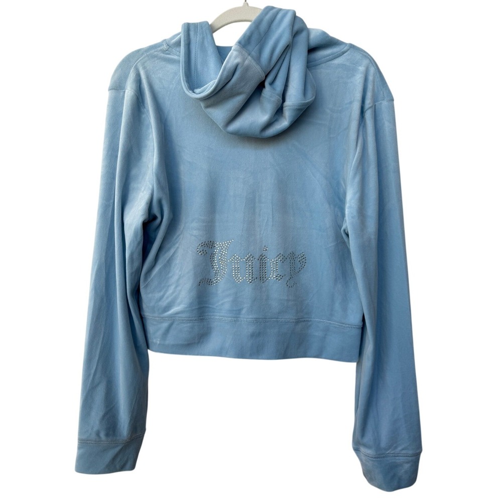 Juicy Couture Womens XL Baby Blue Velour Rhinestone Logo Zip Up Cropped Hoodie